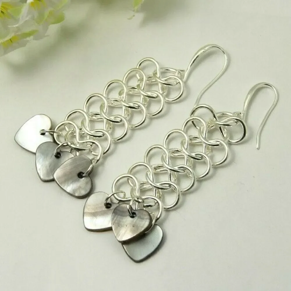 Handmade Silver Chainmail Dangle Earrings Hearts Mother of Pearl Shell